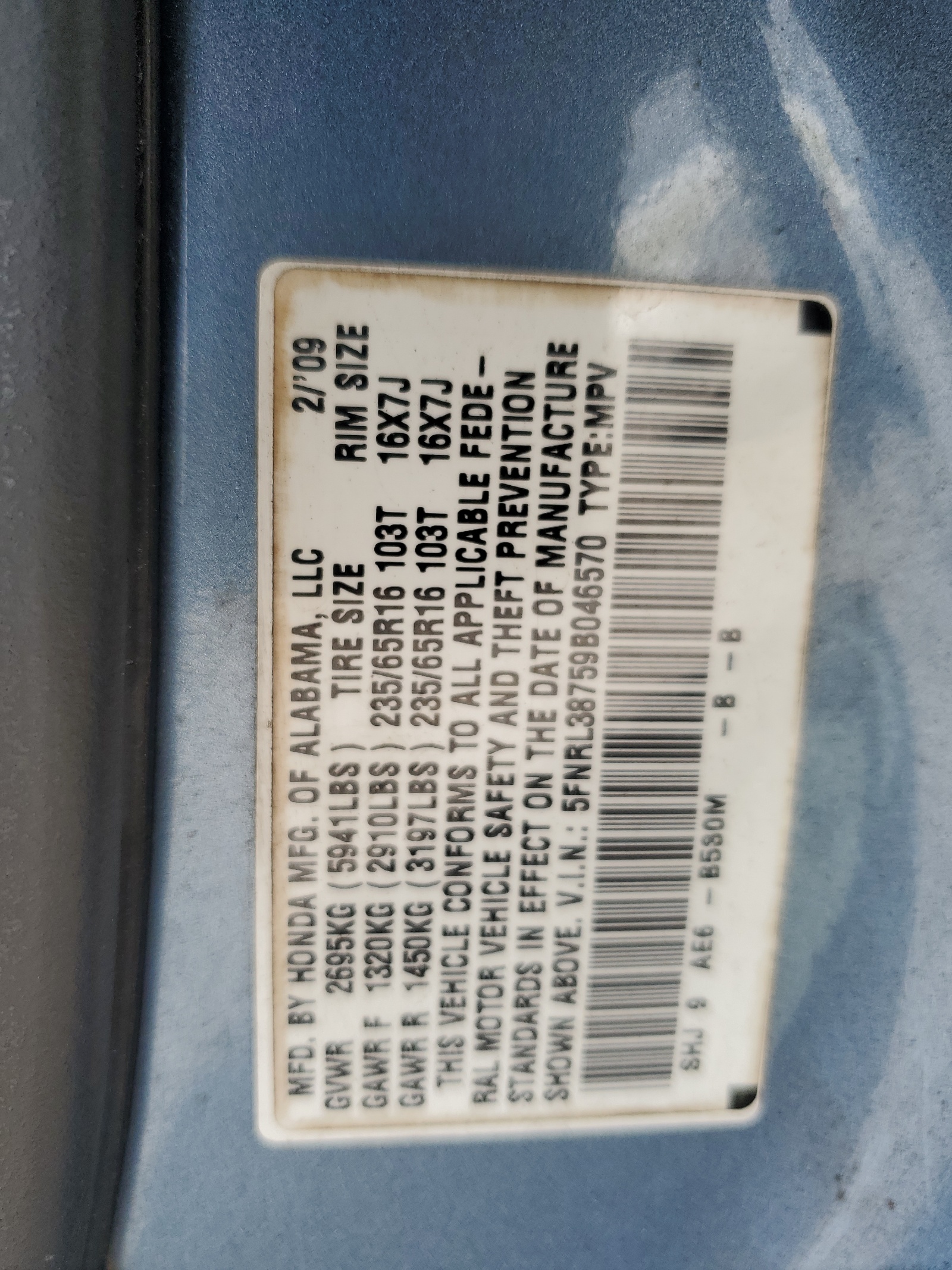 5FNRL38759B046570 2009 Honda Odyssey Exl