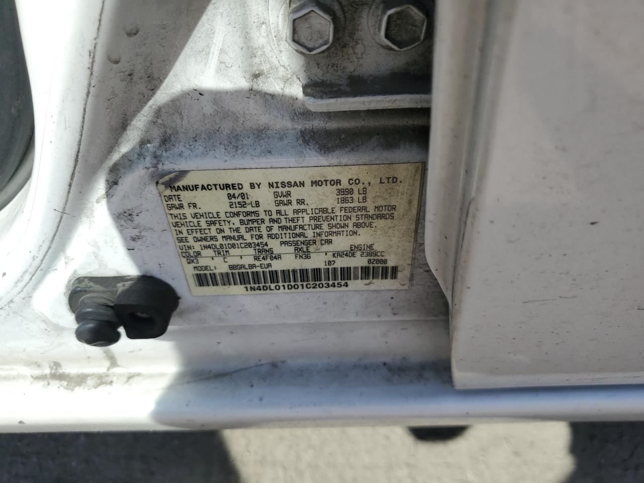 1N4DL01D01C203454 2001 Nissan Altima Xe