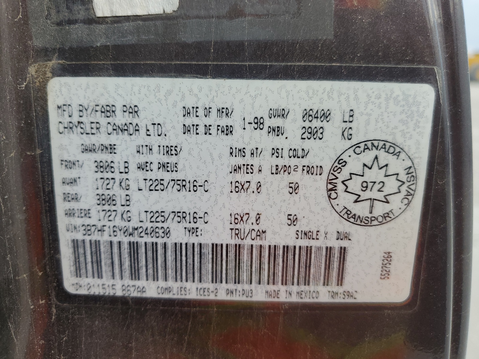 3B7HF16Y0WM240630 1998 Dodge Ram 1500