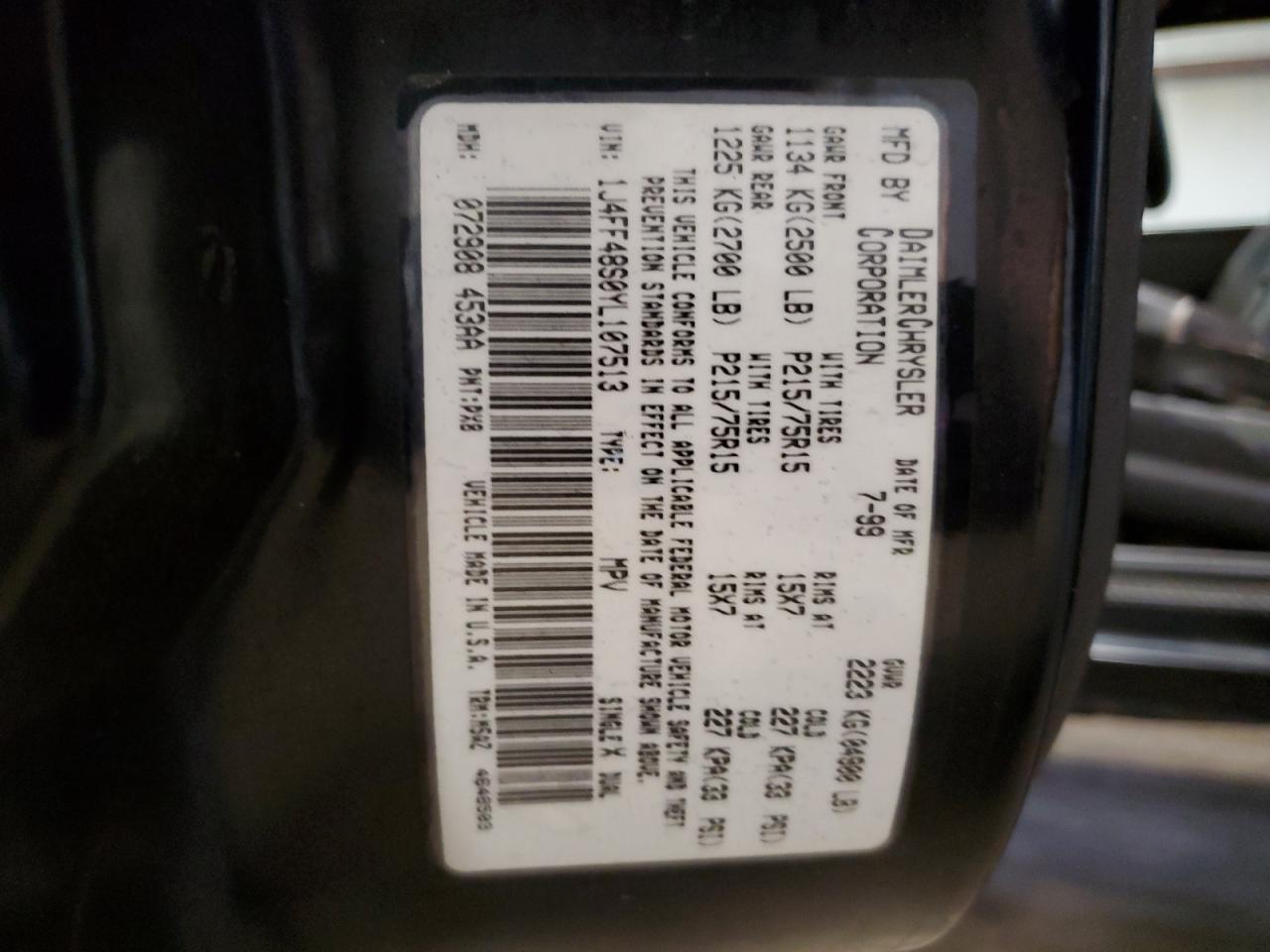 2000 Jeep Cherokee Sport VIN: 1J4FF48S0YL107513 Lot: 66032484