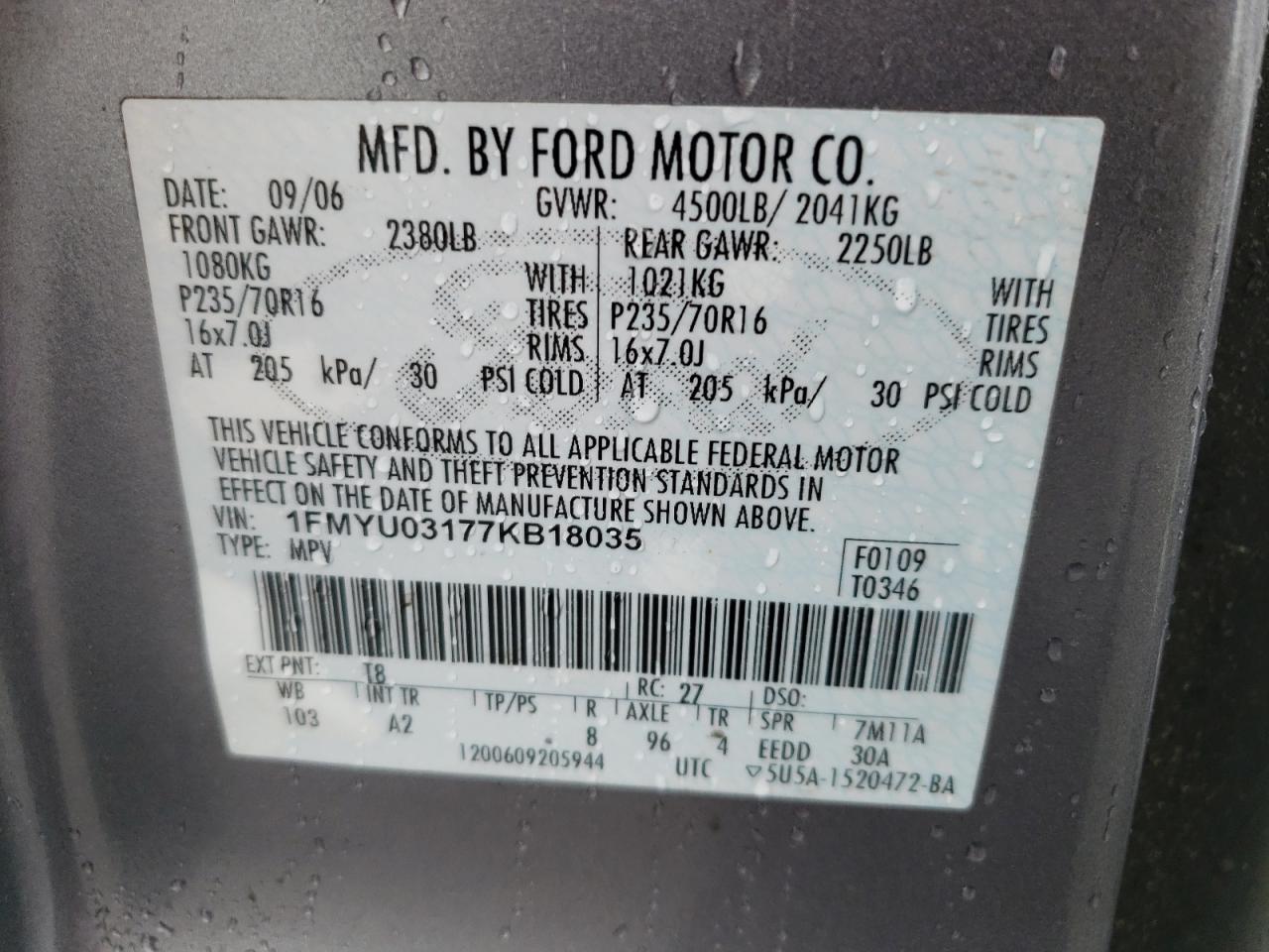 2007 Ford Escape Xlt VIN: 1FMYU03177KB18035 Lot: 65815484