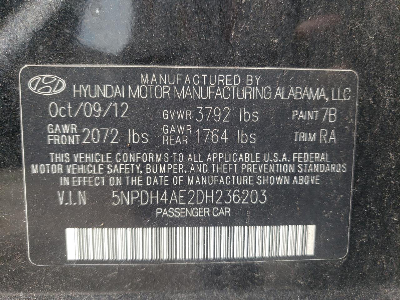 2013 Hyundai Elantra Gls VIN: 5NPDH4AE2DH236203 Lot: 66390994