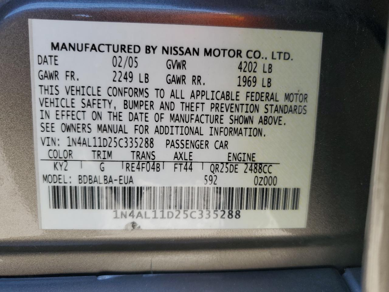 1N4AL11D25C335288 2005 Nissan Altima S