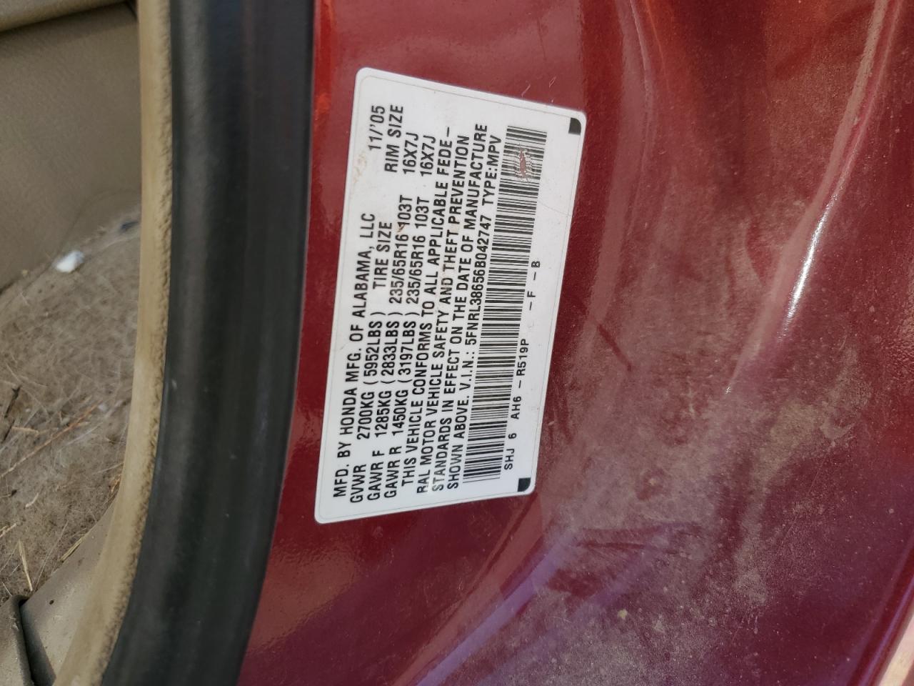 5FNRL38656B042747 2006 Honda Odyssey Exl