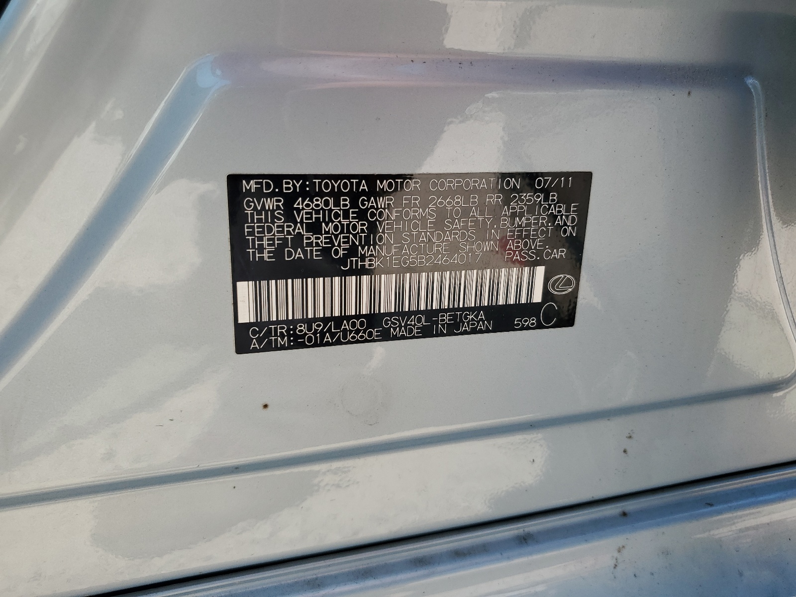 JTHBK1EG5B2464017 2011 Lexus Es 350