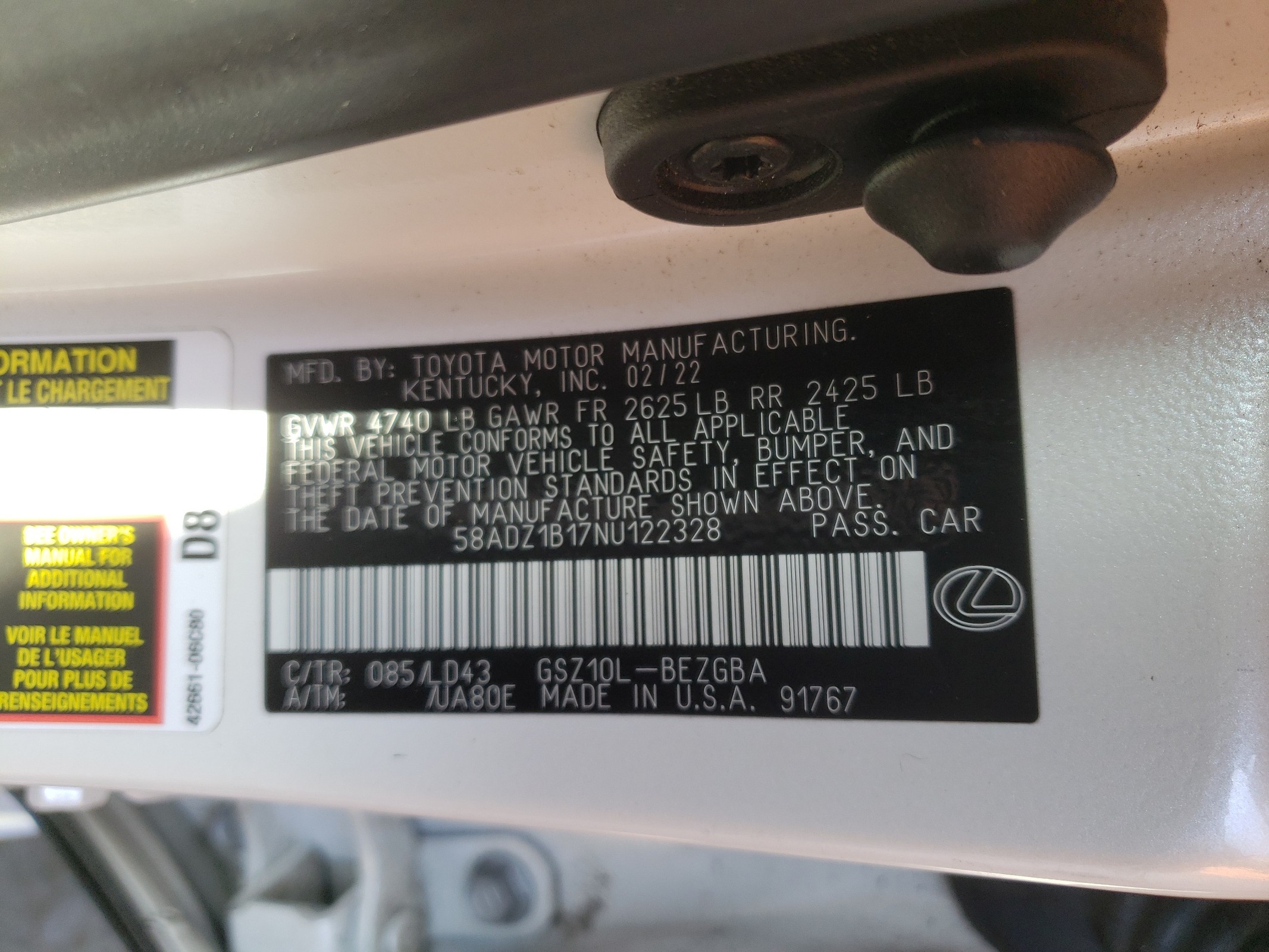 58ADZ1B17NU122328 2022 Lexus Es 350 Base