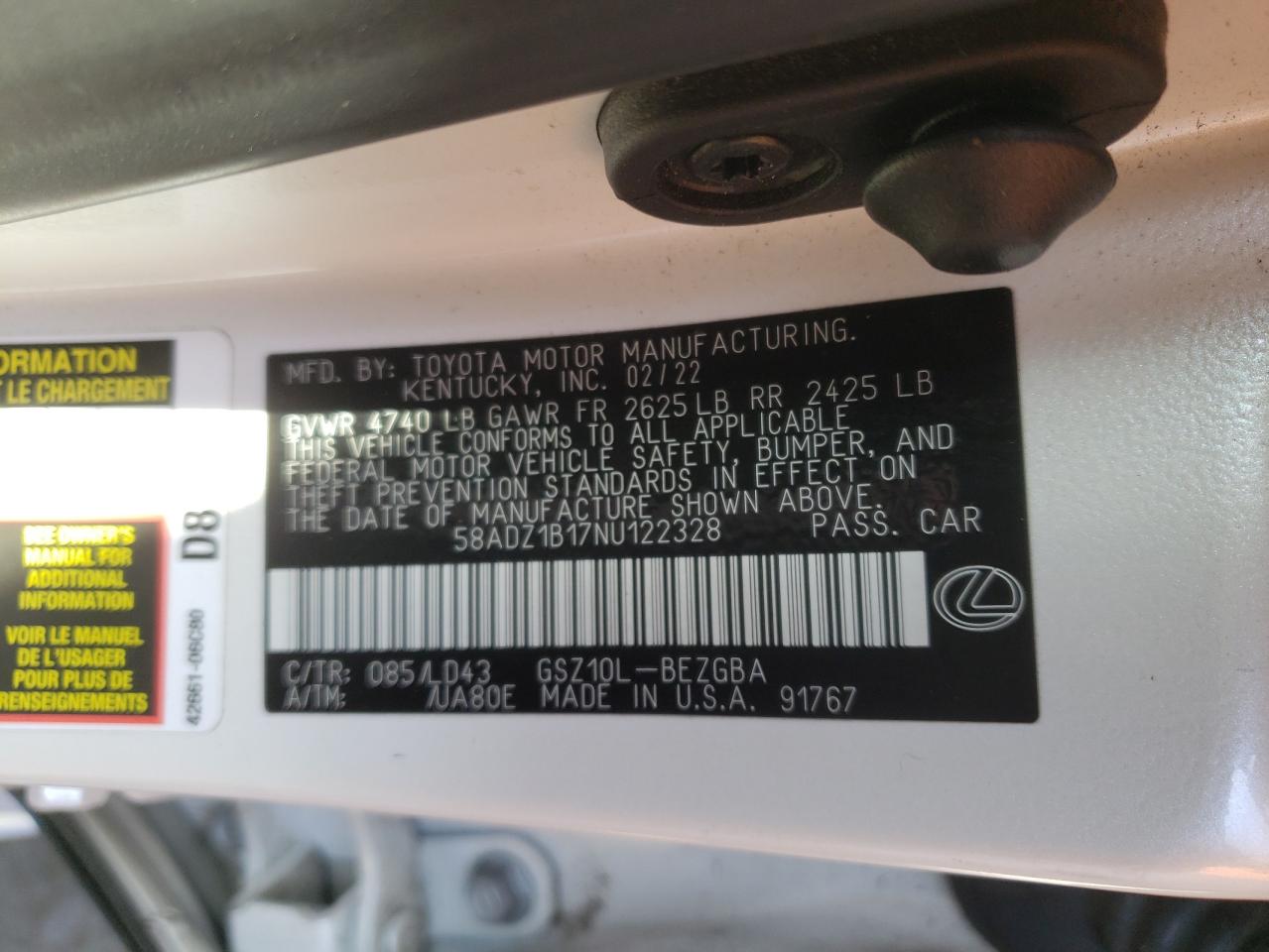 2022 Lexus Es 350 Base VIN: 58ADZ1B17NU122328 Lot: 67398634