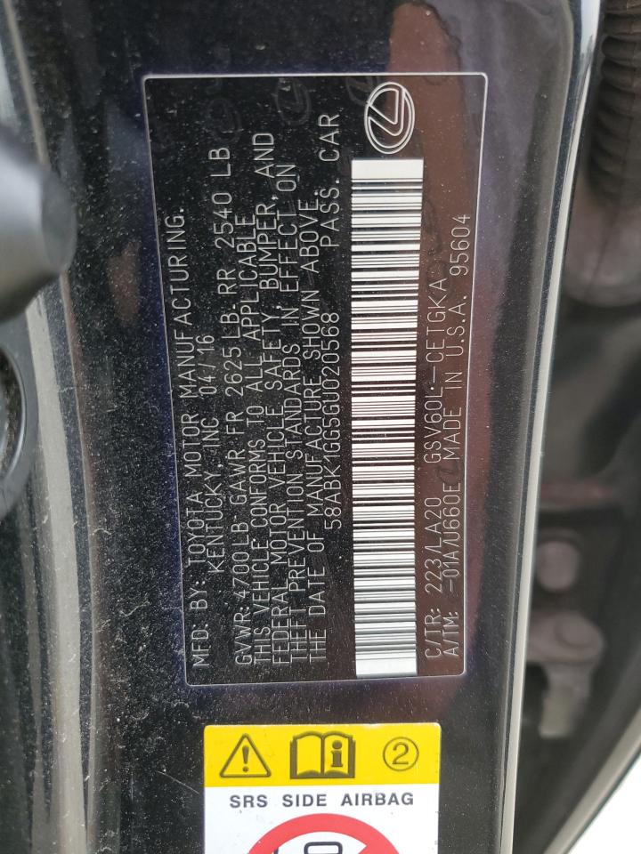 2016 Lexus Es 350 VIN: 58ABK1GG5GU020568 Lot: 68246174