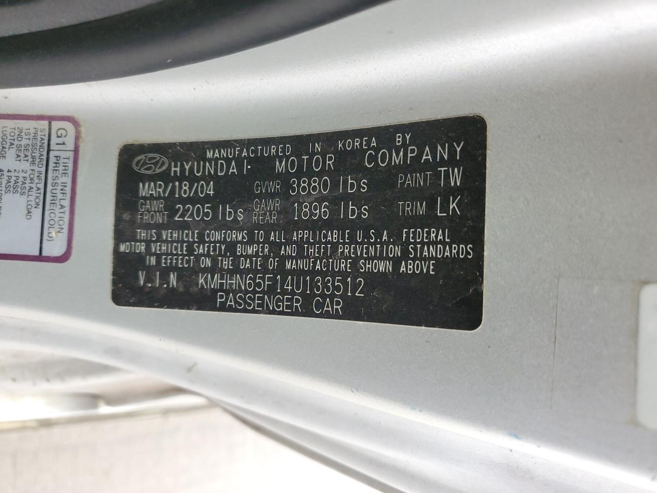 2004 Hyundai Tiburon Gt VIN: KMHHN65F14U133512 Lot: 66919774