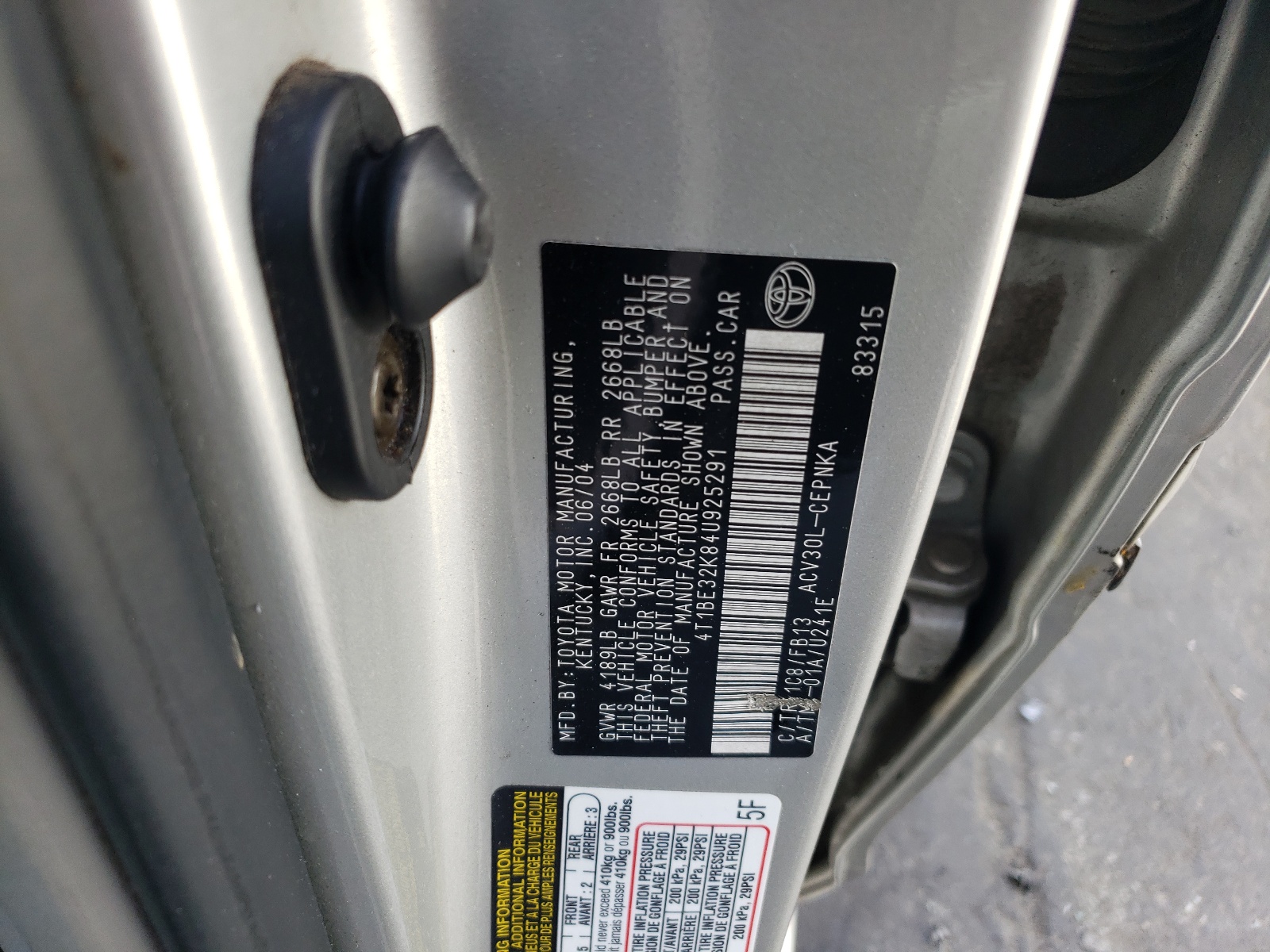 4T1BE32K84U925291 2004 Toyota Camry Le