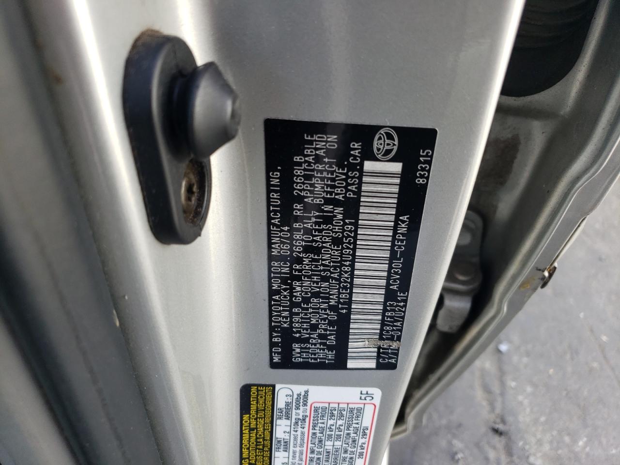 2004 Toyota Camry Le VIN: 4T1BE32K84U925291 Lot: 67191494