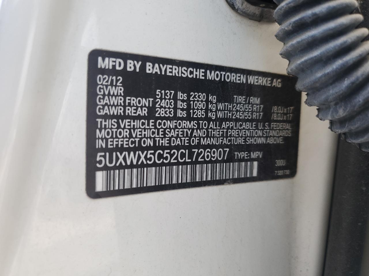 2012 BMW X3 xDrive28I VIN: 5UXWX5C52CL726907 Lot: 65604284