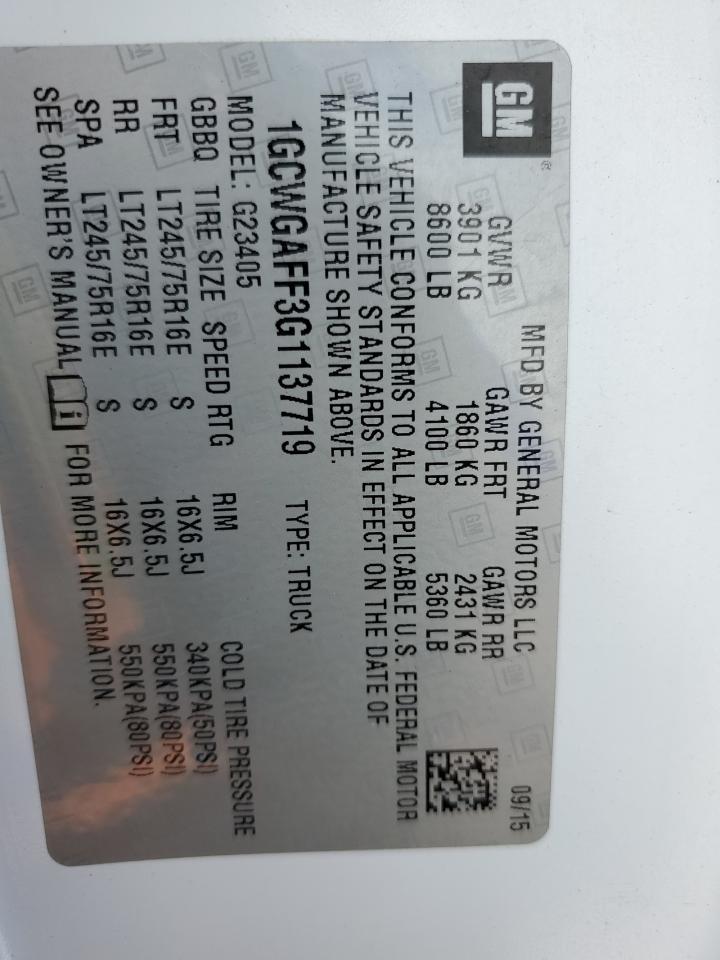 2016 Chevrolet Express G2500 VIN: 1GCWGAFF3G1137719 Lot: 67984894