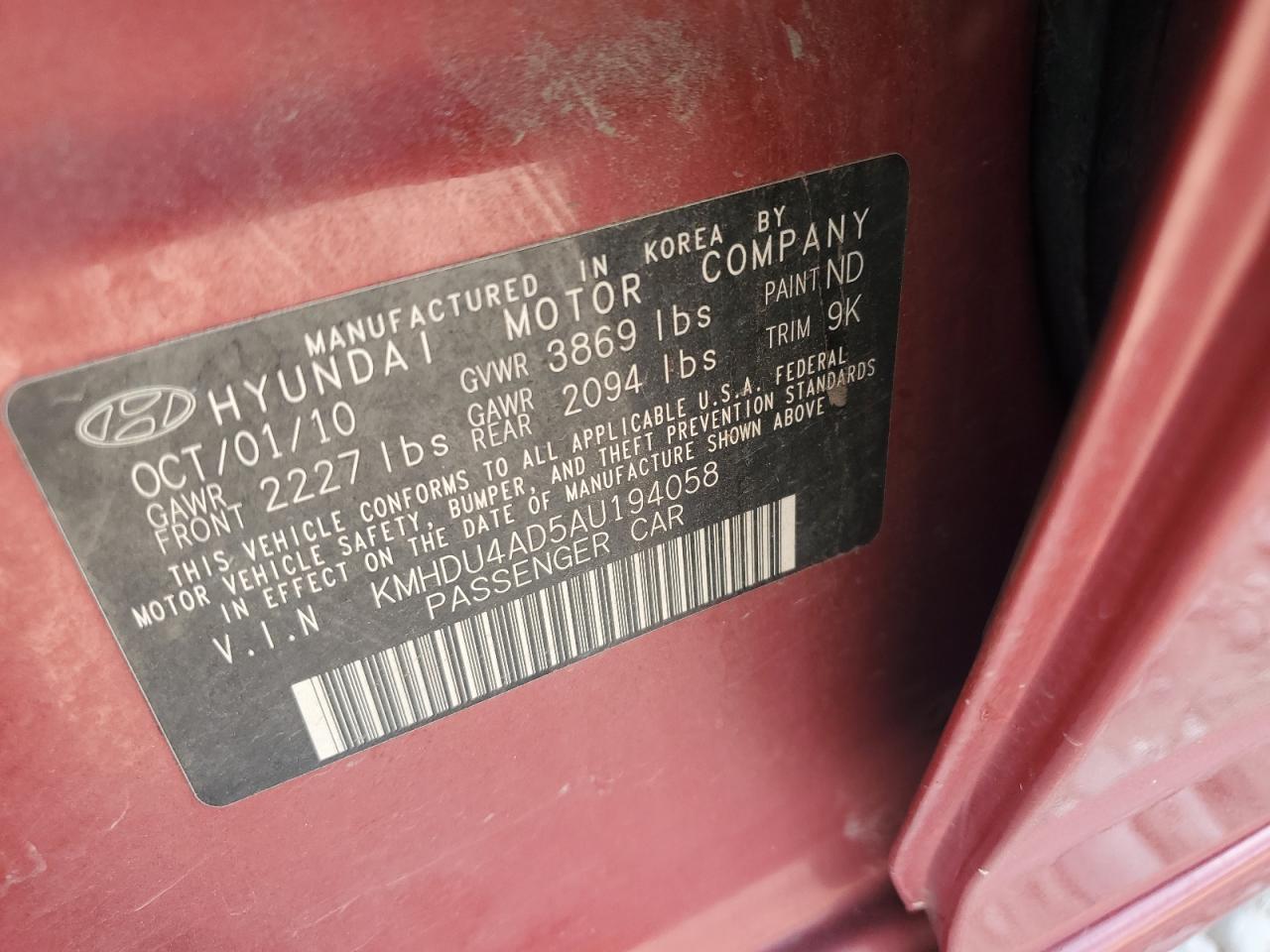 2010 Hyundai Elantra Blue VIN: KMHDU4AD5AU194058 Lot: 66501654