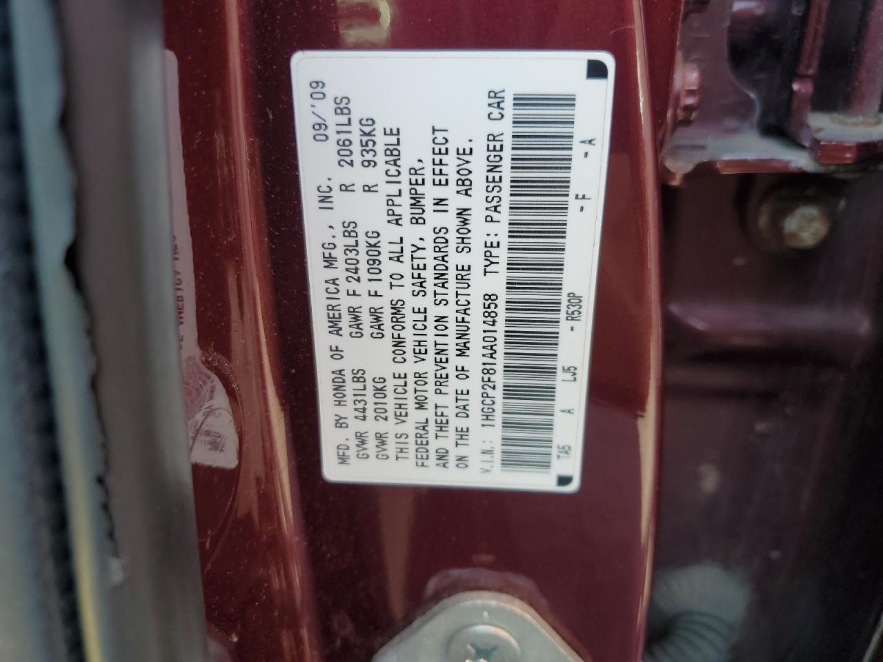 1HGCP2F81AA014858 2010 Honda Accord Exl