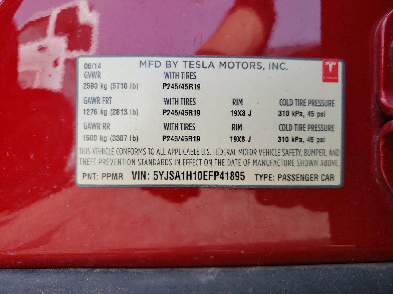 2014 Tesla Model S VIN: 5YJSA1H10EFP41895 Lot: 62005604