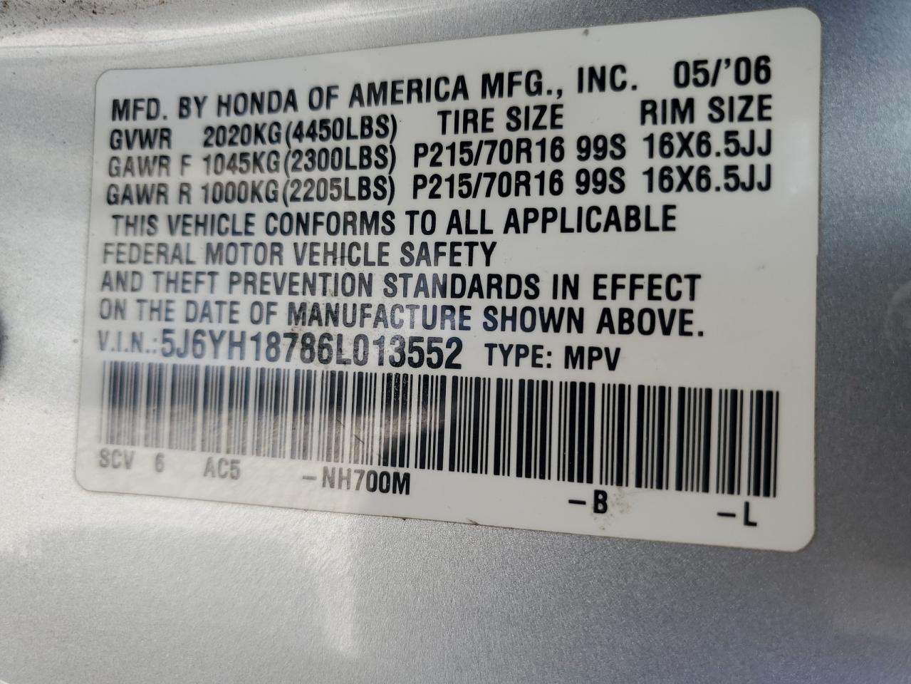 2006 Honda Element Ex VIN: 5J6YH18786L013552 Lot: 66401124