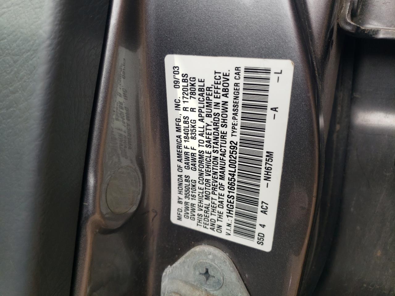 1HGES16654L002592 2004 Honda Civic Lx