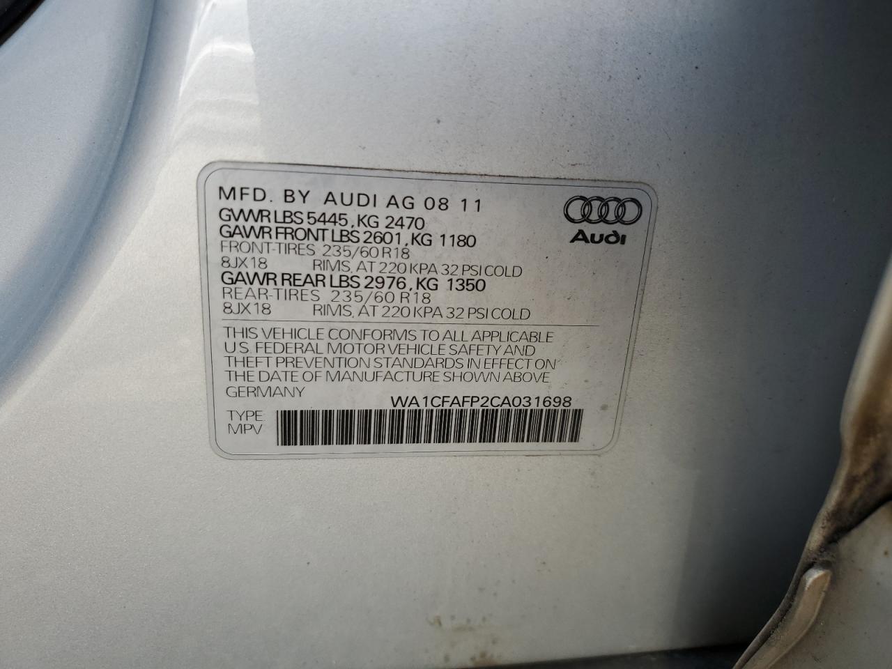 2012 Audi Q5 Premium VIN: WA1CFAFP2CA031698 Lot: 68843954