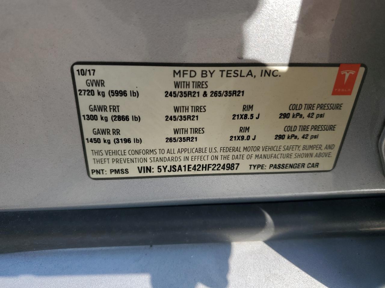 2017 Tesla Model S VIN: 5YJSA1E42HF224987 Lot: 67940304