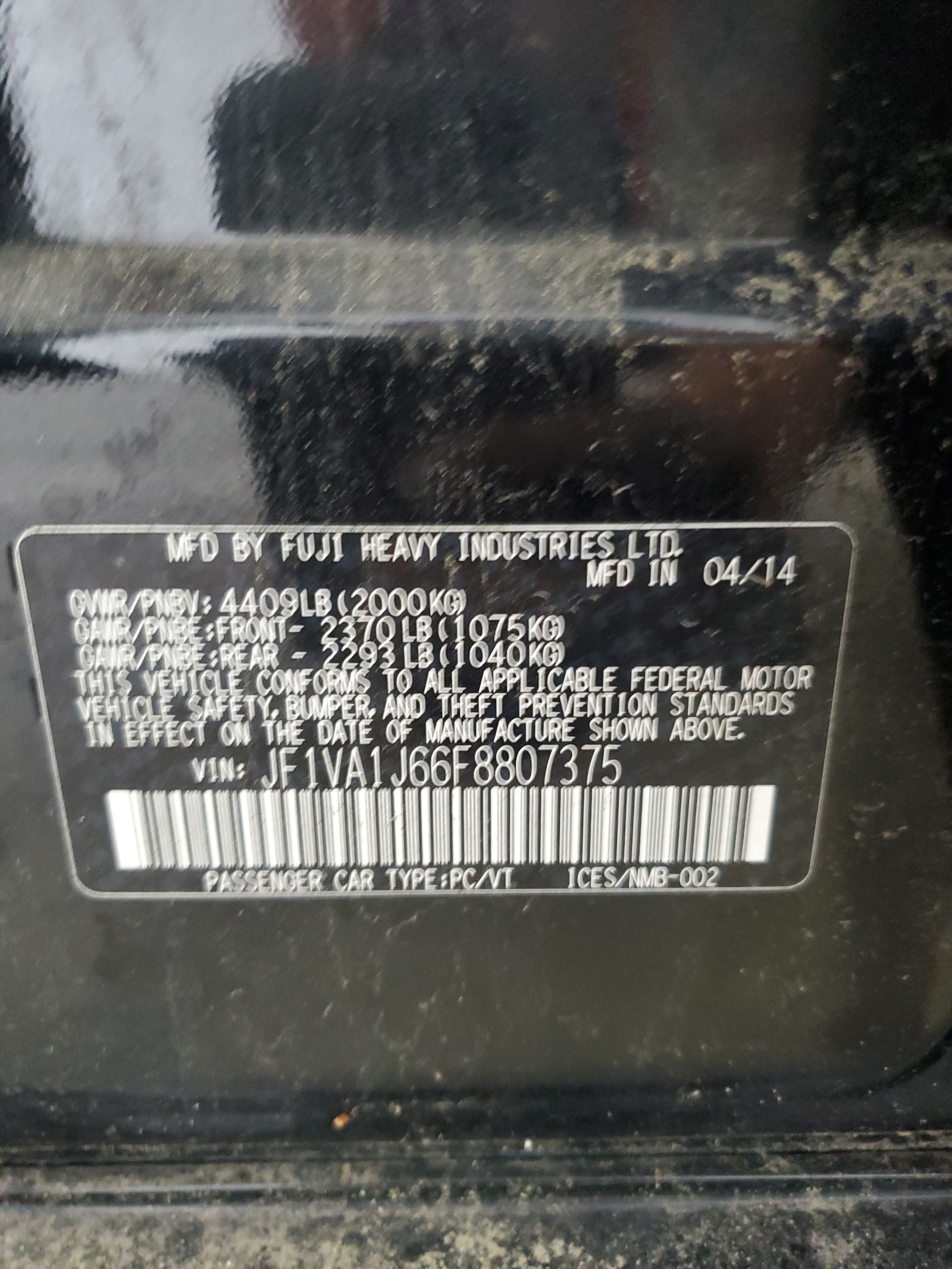 2015 Subaru Wrx Limited vin: JF1VA1J66F8807375