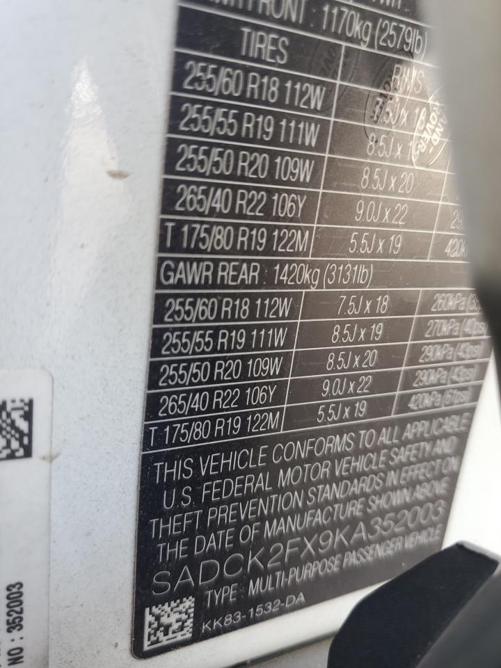 2019 Jaguar F-Pace Prestige VIN: SADCK2FX9KA352003 Lot: 67151664