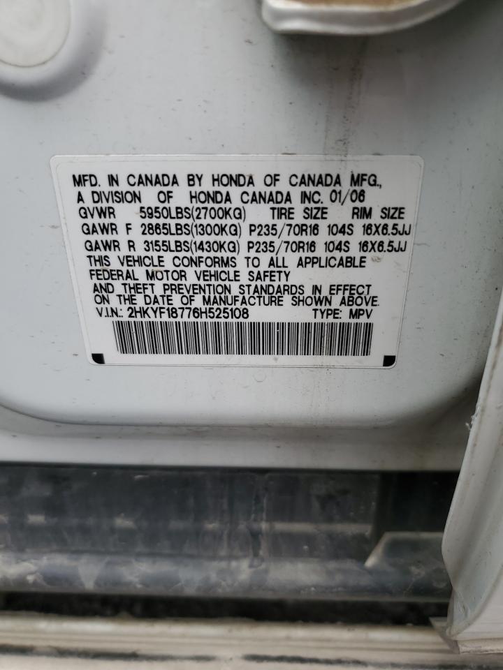 2006 Honda Pilot Ex VIN: 2HKYF18776H525108 Lot: 65966474