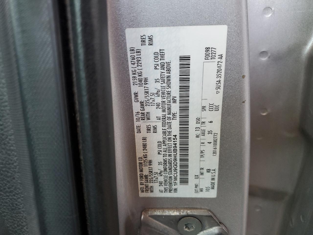 2017 Ford Escape Se VIN: 1FMCU9GD9HUB94154 Lot: 65617214