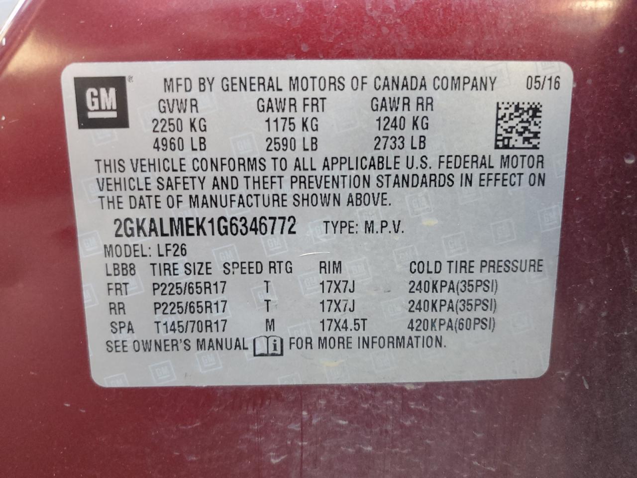 2GKALMEK1G6346772 2016 GMC Terrain Sle