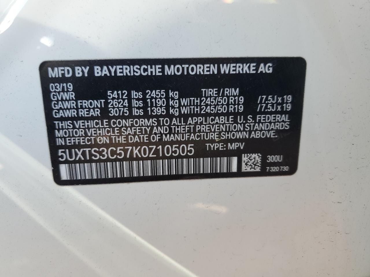 5UXTS3C57K0Z10505 2019 BMW X3 xDrivem40I