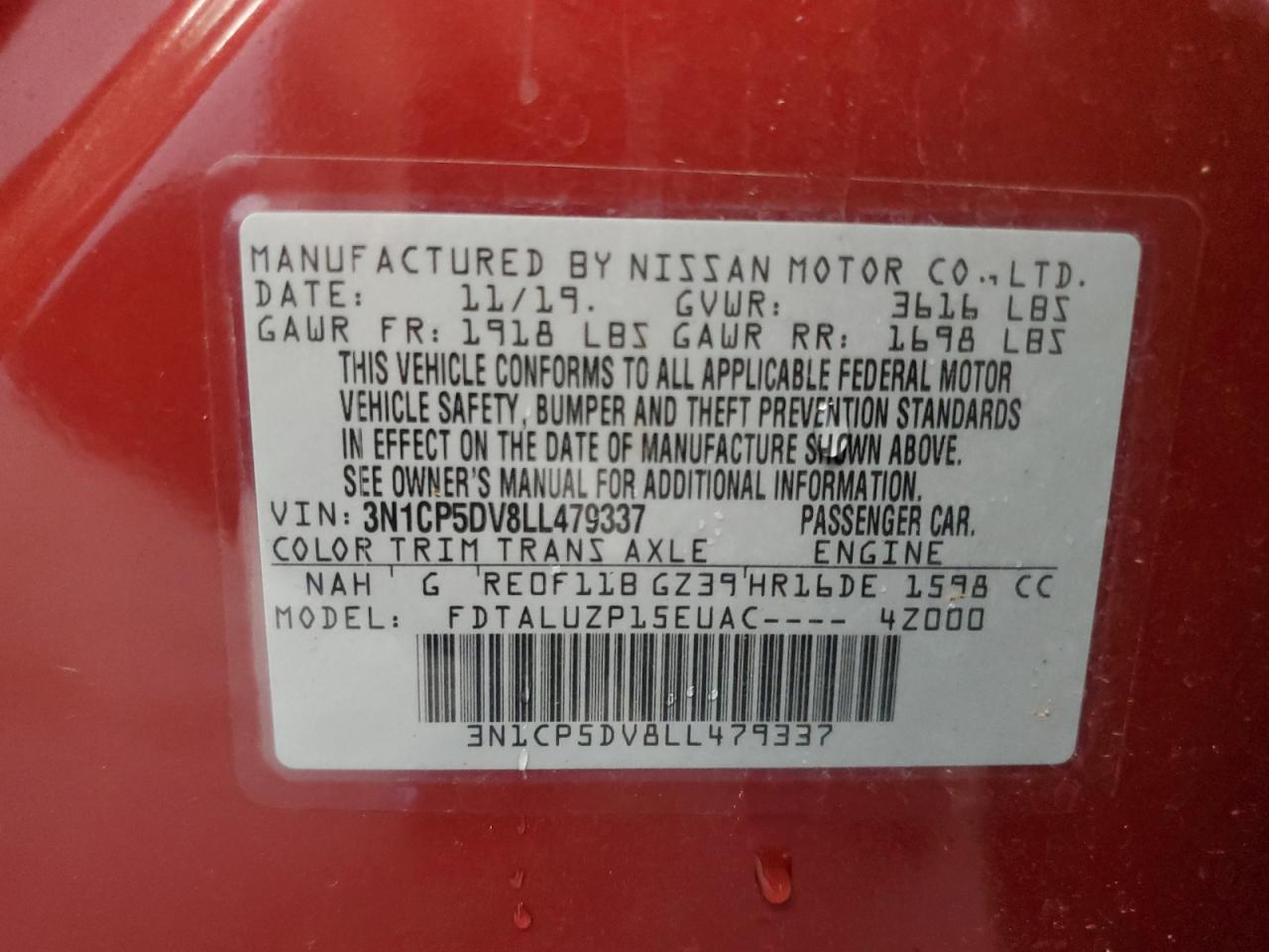 2020 Nissan Kicks Sr VIN: 3N1CP5DV8LL479337 Lot: 67540734