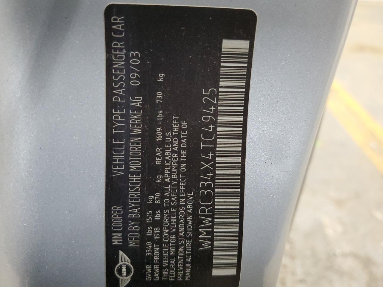 2004 Mini Cooper VIN: WMWRC334X4TC49425 Lot: 65635464