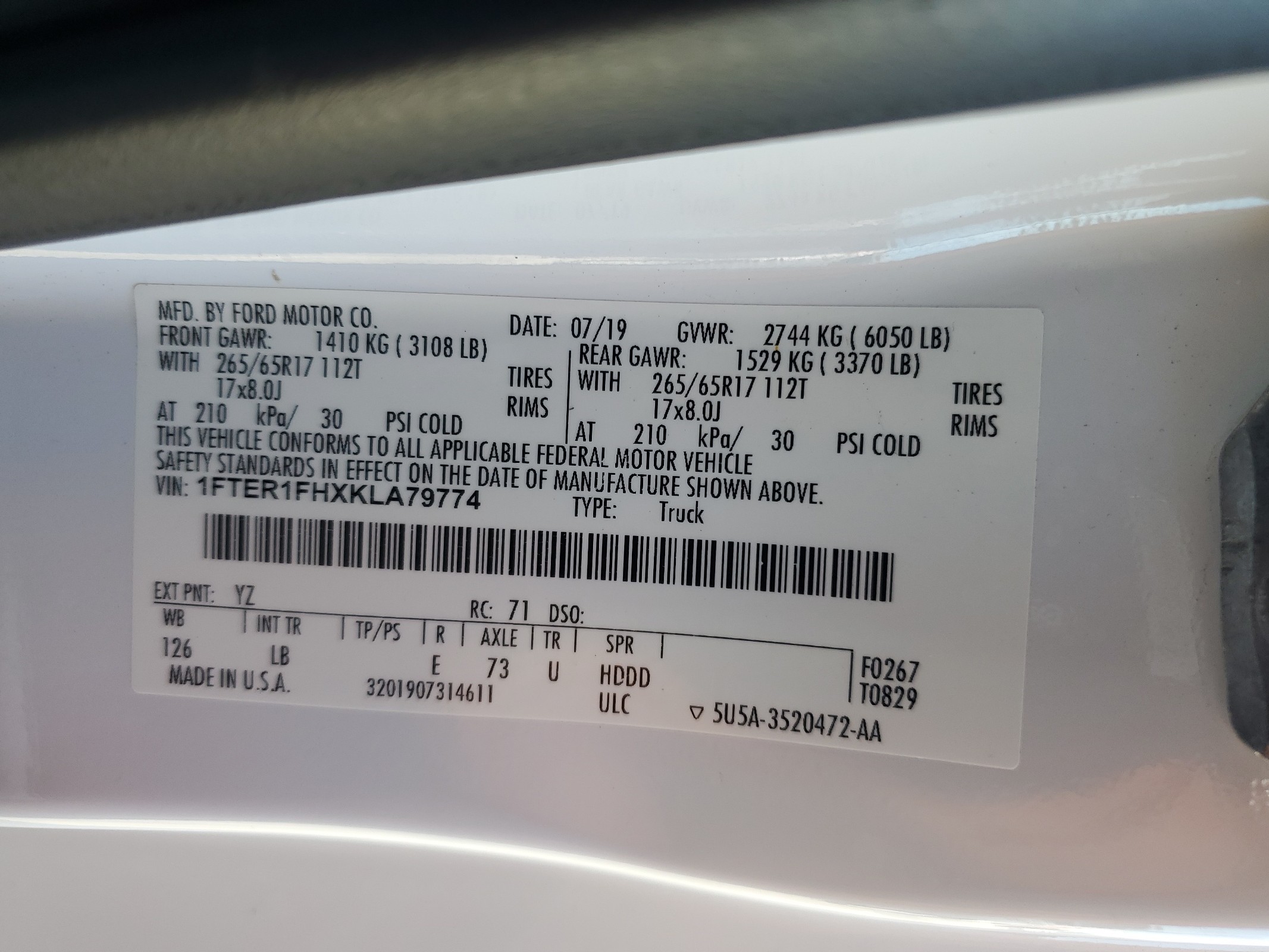 1FTER1FHXKLA79774 2019 Ford Ranger Xl