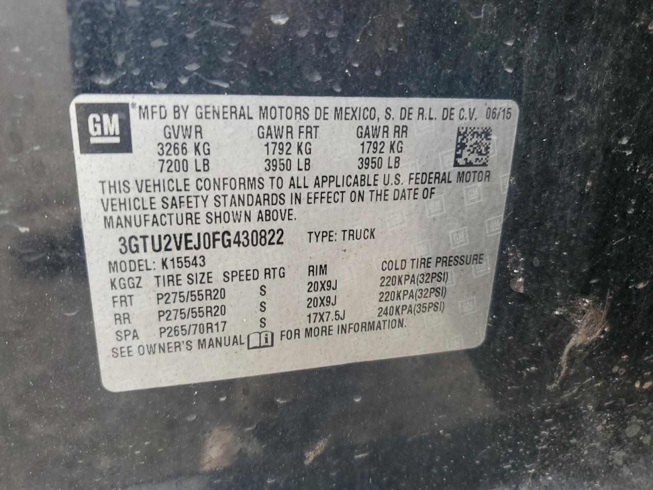 3GTU2VEJ0FG430822 2015 GMC Sierra K1500 Slt