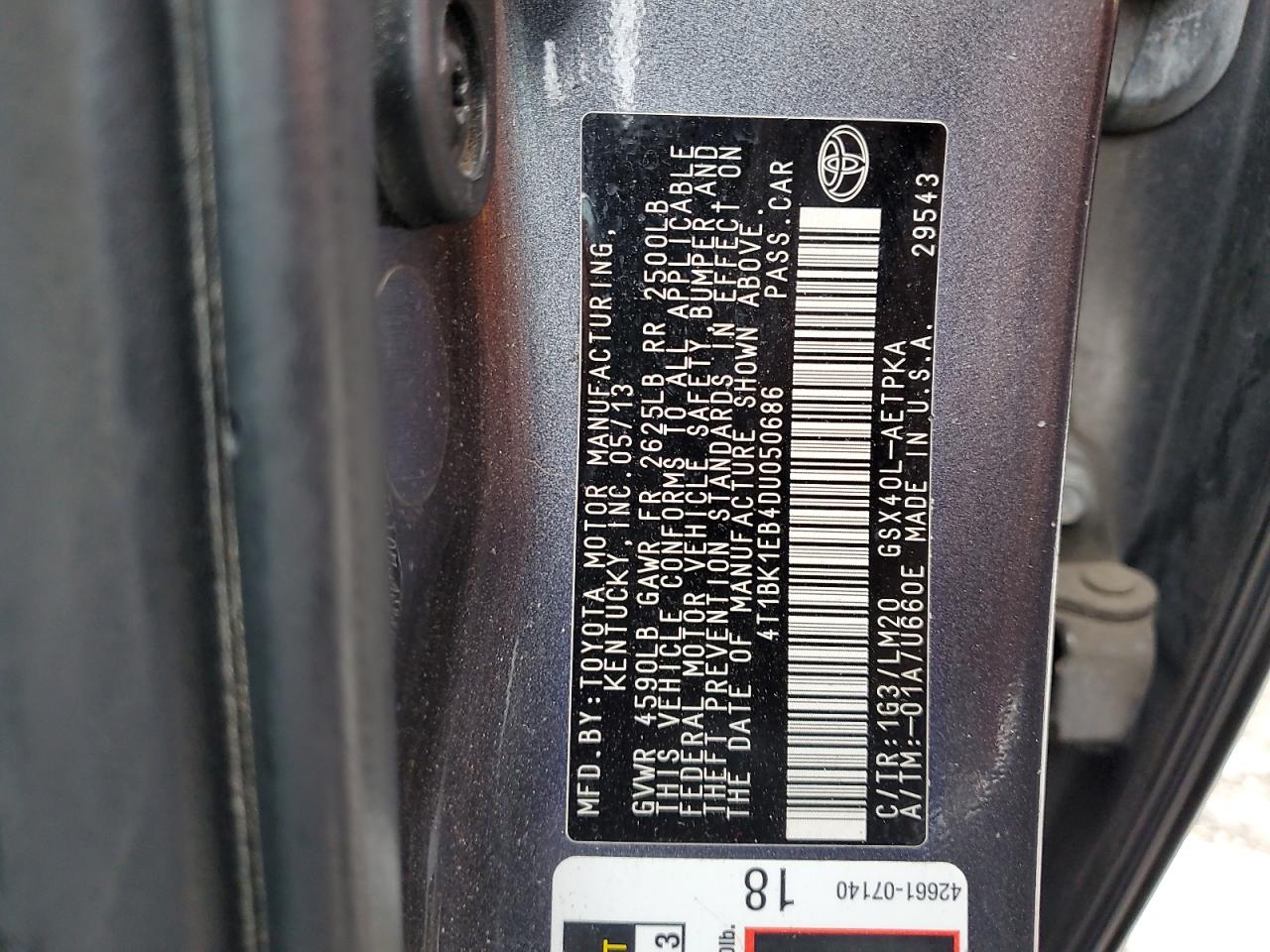 4T1BK1EB4DU050686 2013 Toyota Avalon Base