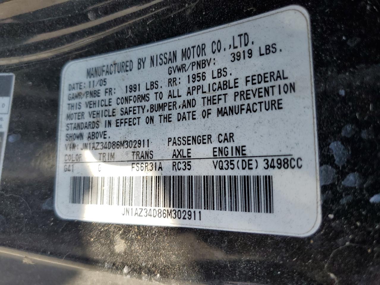 2006 Nissan 350Z Coupe VIN: JN1AZ34D86M302911 Lot: 66915694