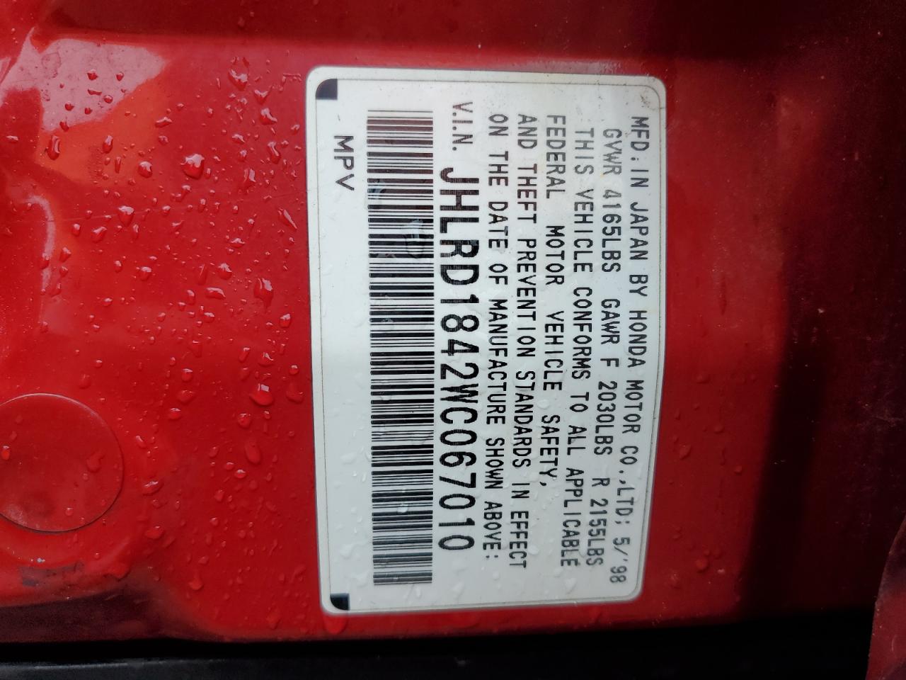 1998 Honda Cr-V Lx VIN: JHLRD1842WC067010 Lot: 65342204