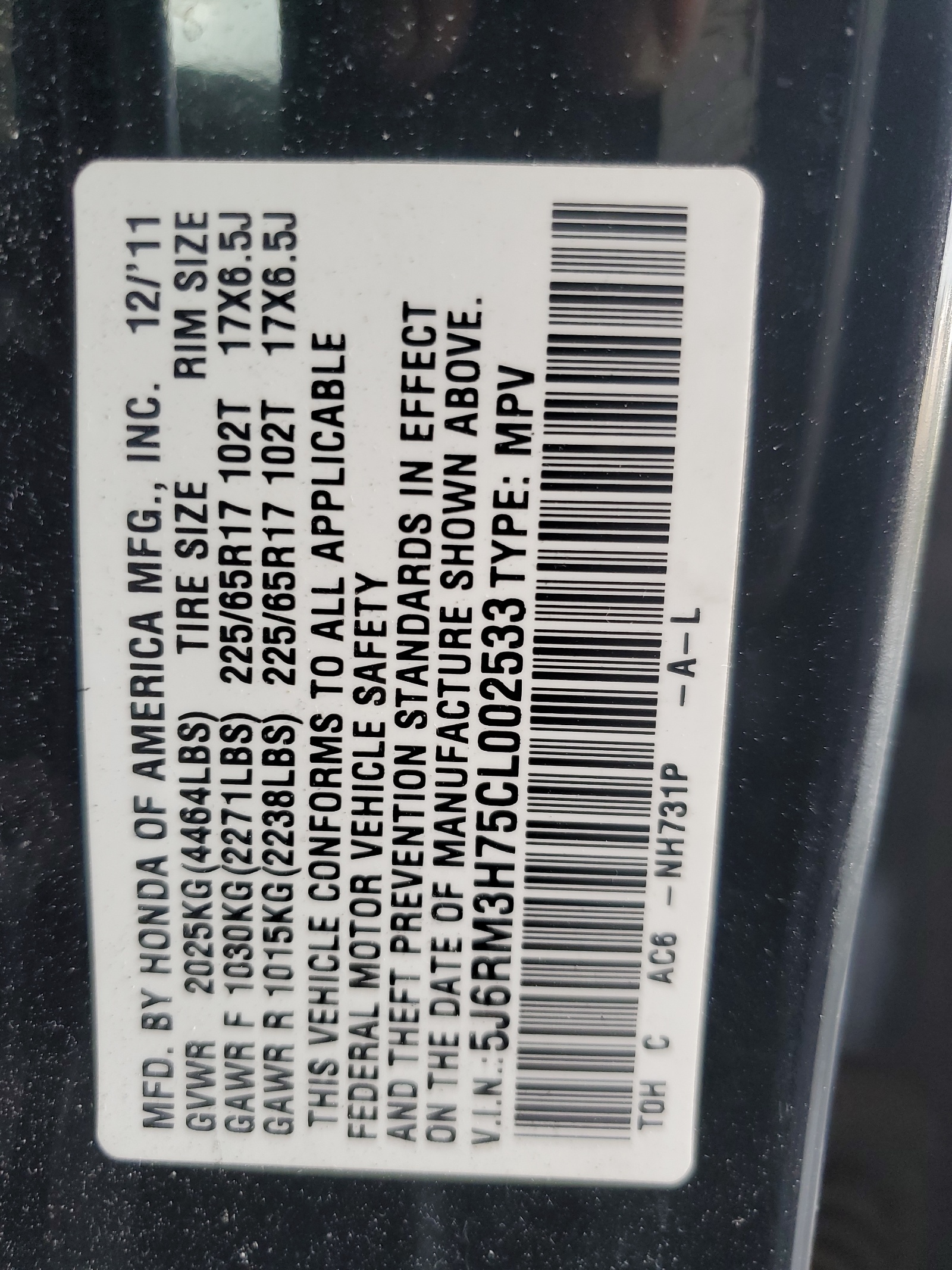 5J6RM3H75CL002533 2012 Honda Cr-V Exl