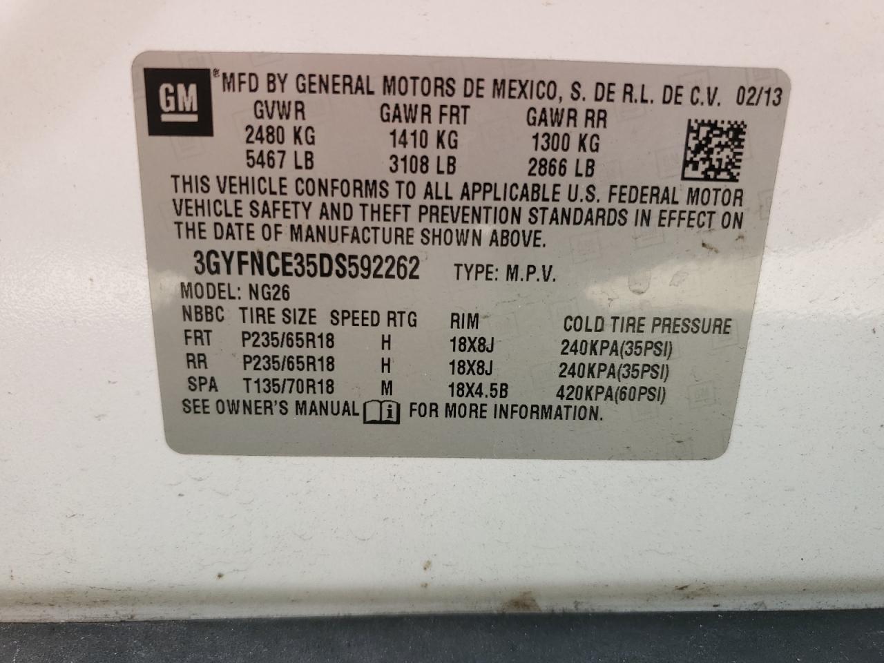 2013 Cadillac Srx Luxury Collection VIN: 3GYFNCE35DS592262 Lot: 67102754