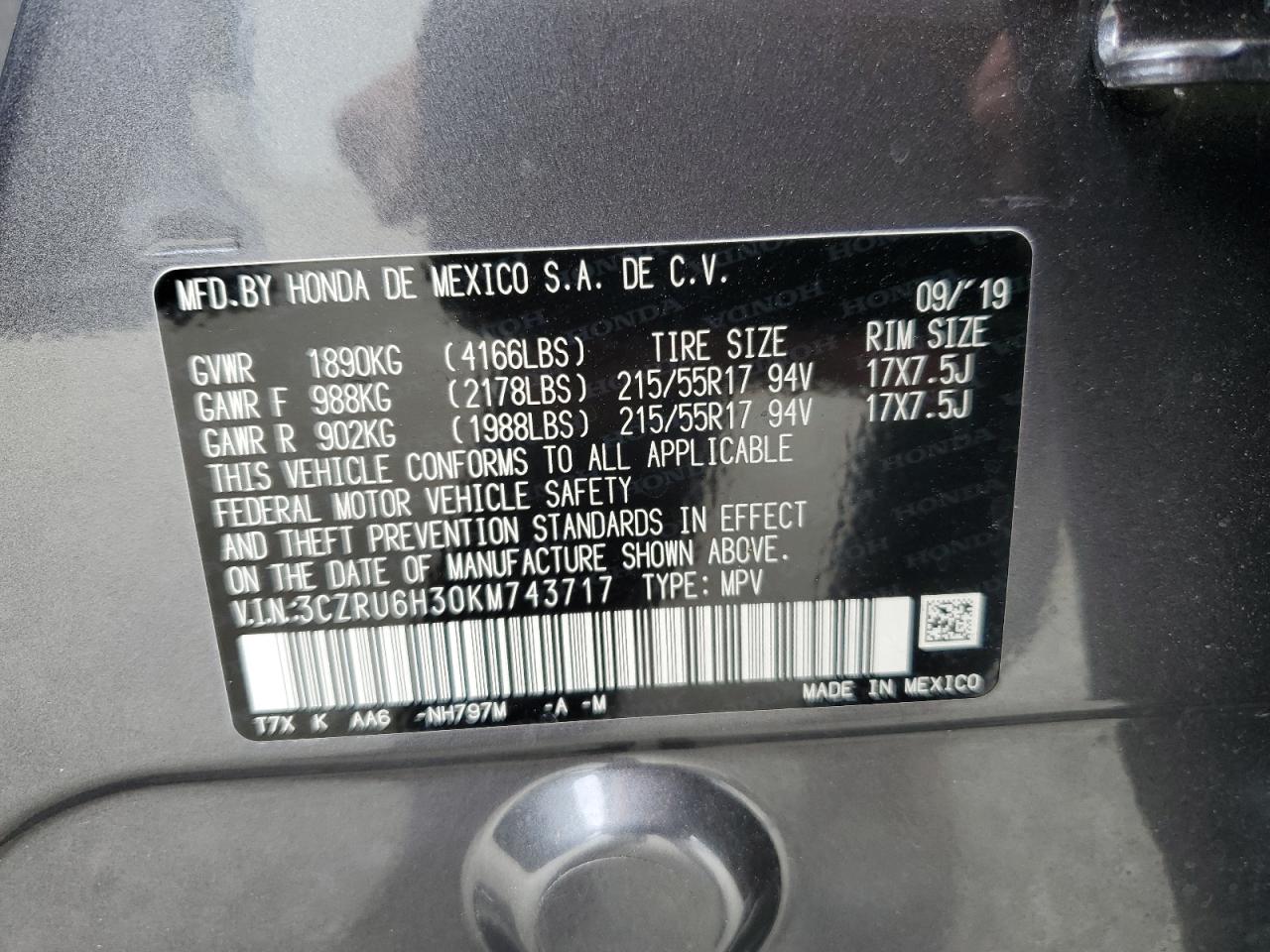 2019 Honda Hr-V Lx VIN: 3CZRU6H30KM743717 Lot: 67923974