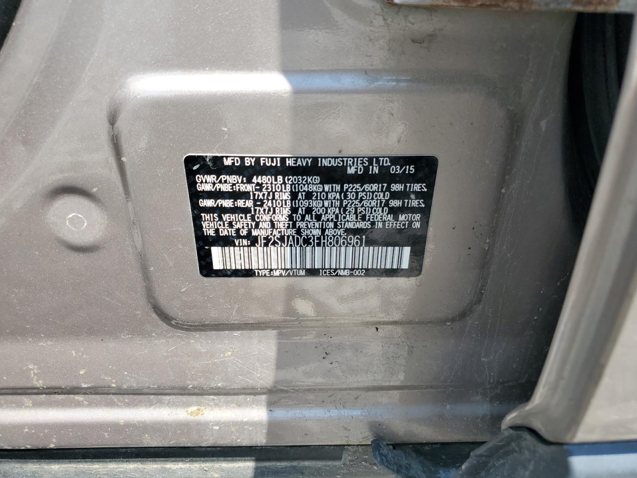 2015 Subaru Forester 2.5I Premium VIN: JF2SJADC3FH806961 Lot: 64608444