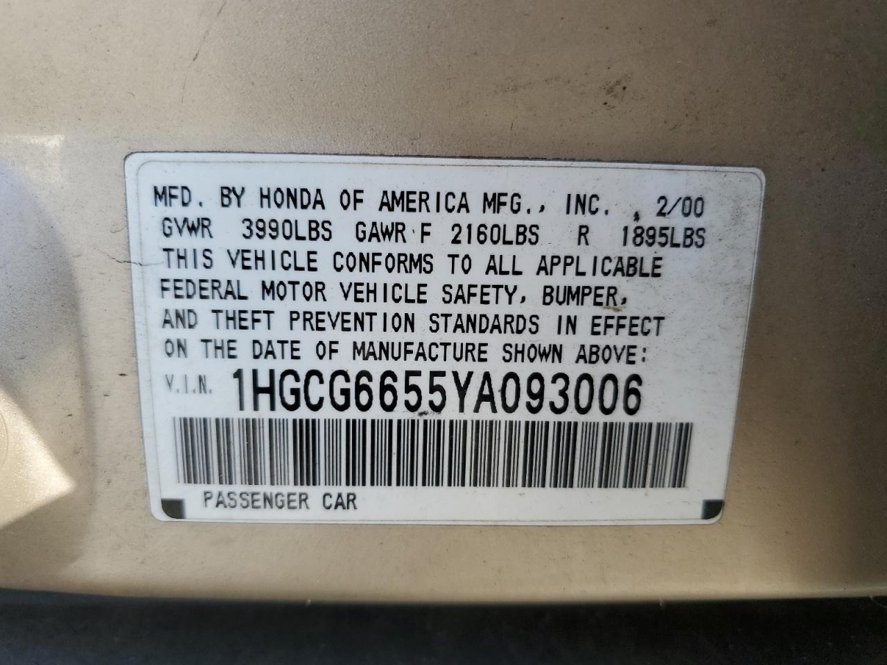 1HGCG6655YA093006 2000 Honda Accord Lx