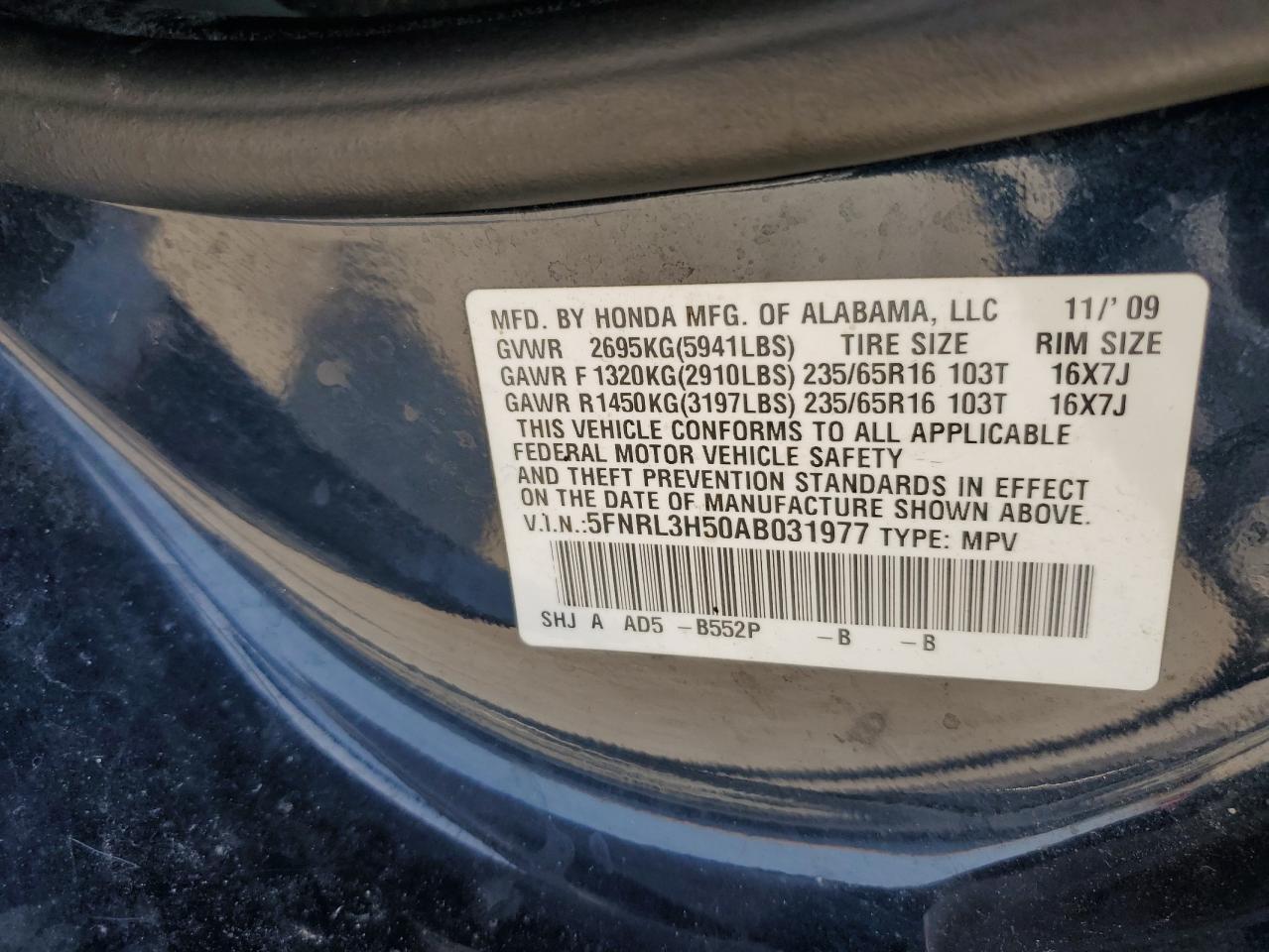 2010 Honda Odyssey Ex VIN: 5FNRL3H50AB031977 Lot: 65759694