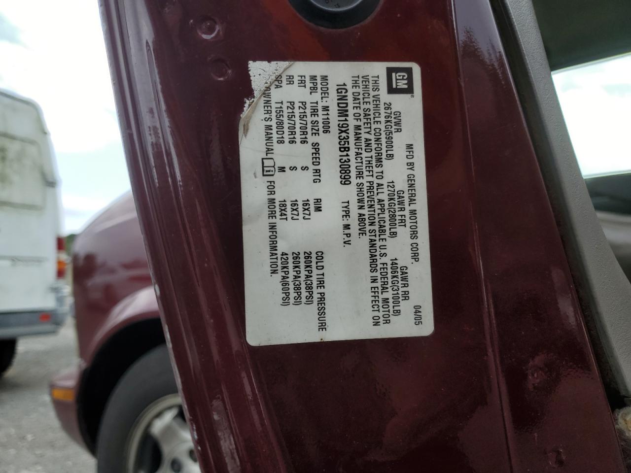 2005 Chevrolet Astro VIN: 1GNDM19X35B130899 Lot: 65992364