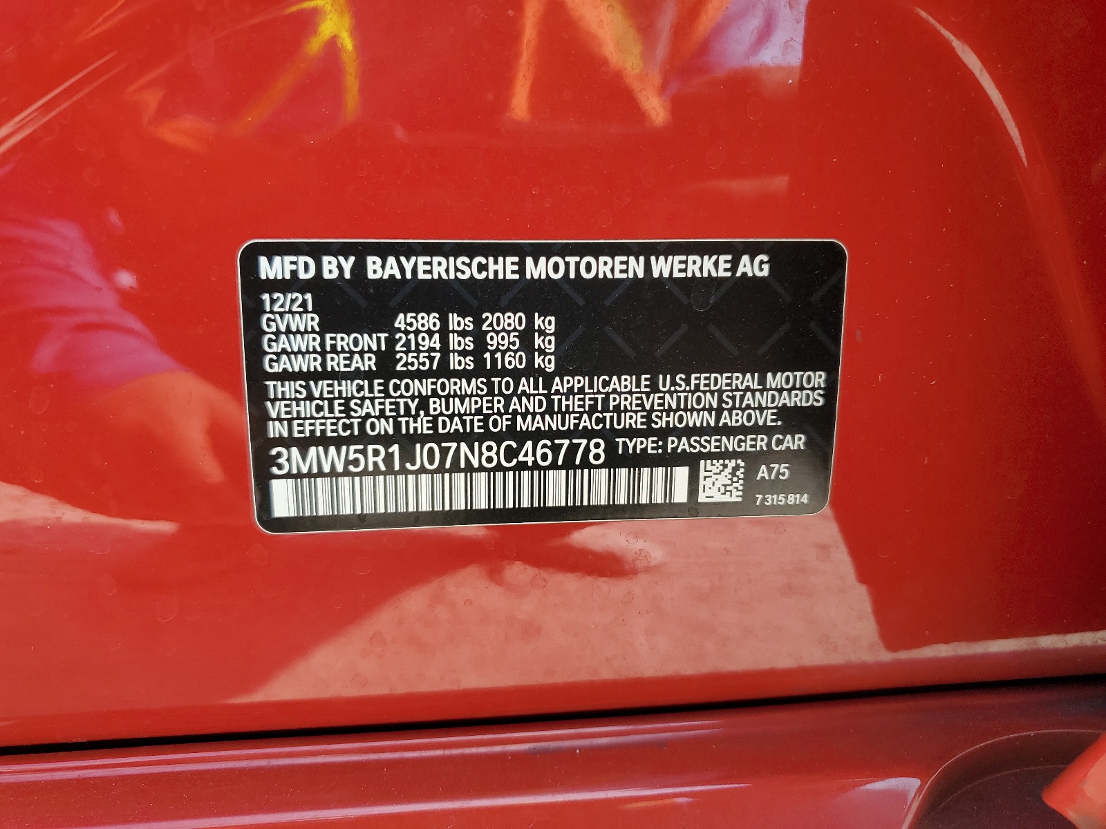 3MW5R1J07N8C46778 2022 BMW 330I