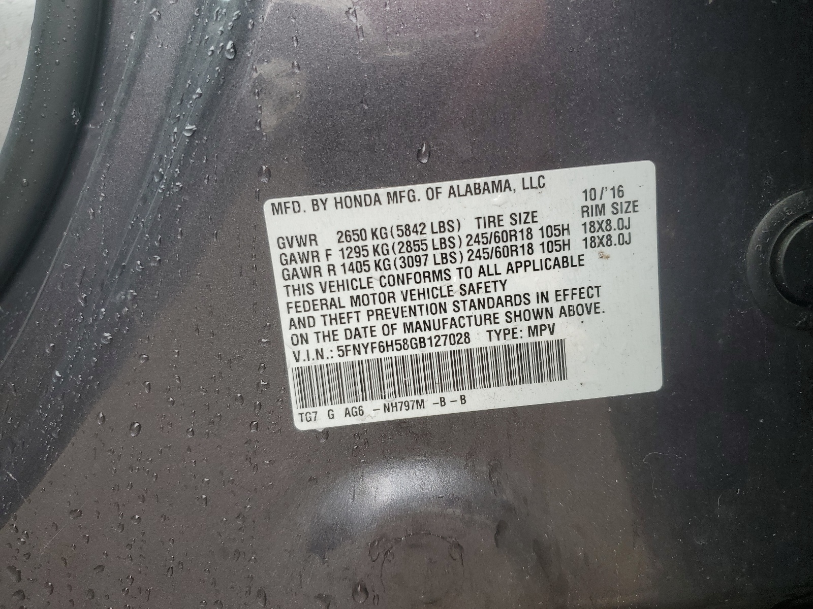 5FNYF6H58GB127028 2016 Honda Pilot Exl