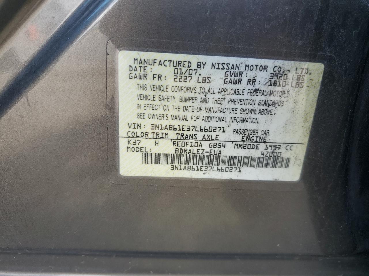 3N1AB61E37L660271 2007 Nissan Sentra 2.0