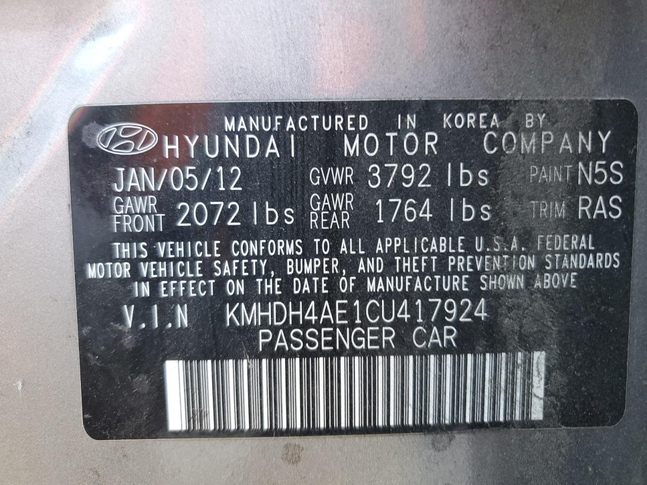 2012 Hyundai Elantra Gls VIN: KMHDH4AE1CU417924 Lot: 67116084