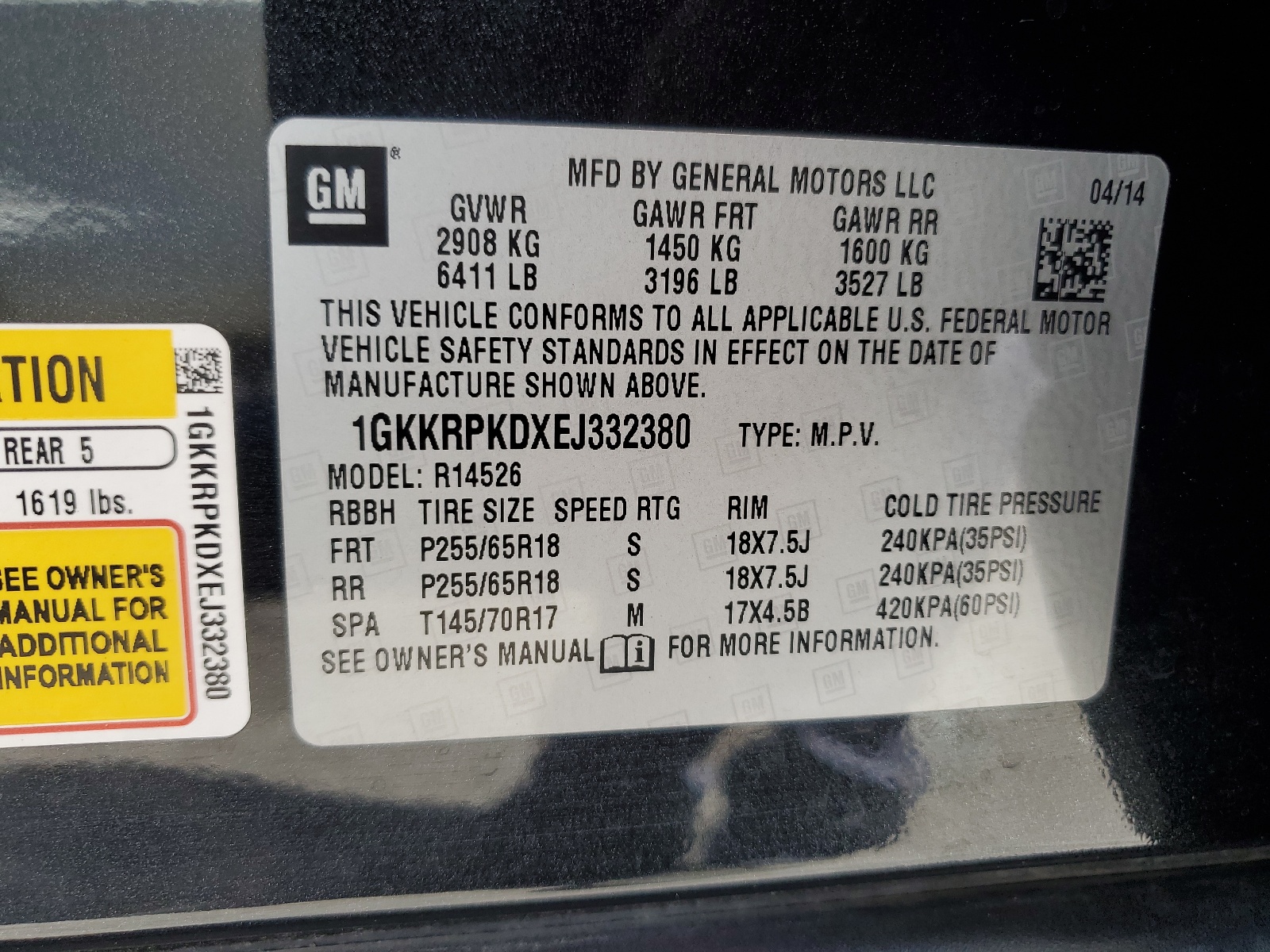 1GKKRPKDXEJ332380 2014 GMC Acadia Sle