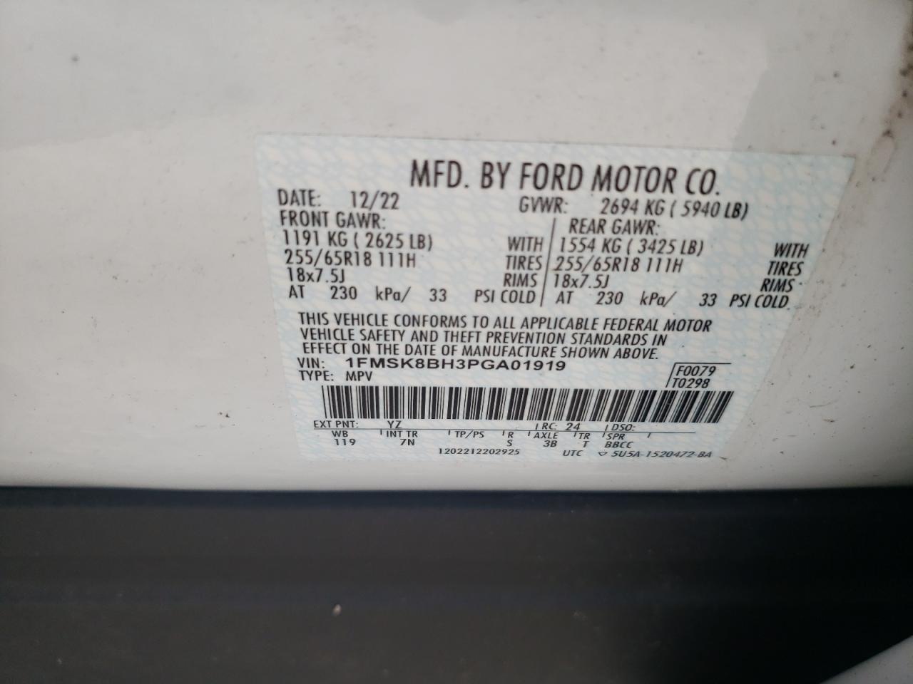 2023 Ford Explorer VIN: 1FMSK8BH3PGA01919 Lot: 66699214